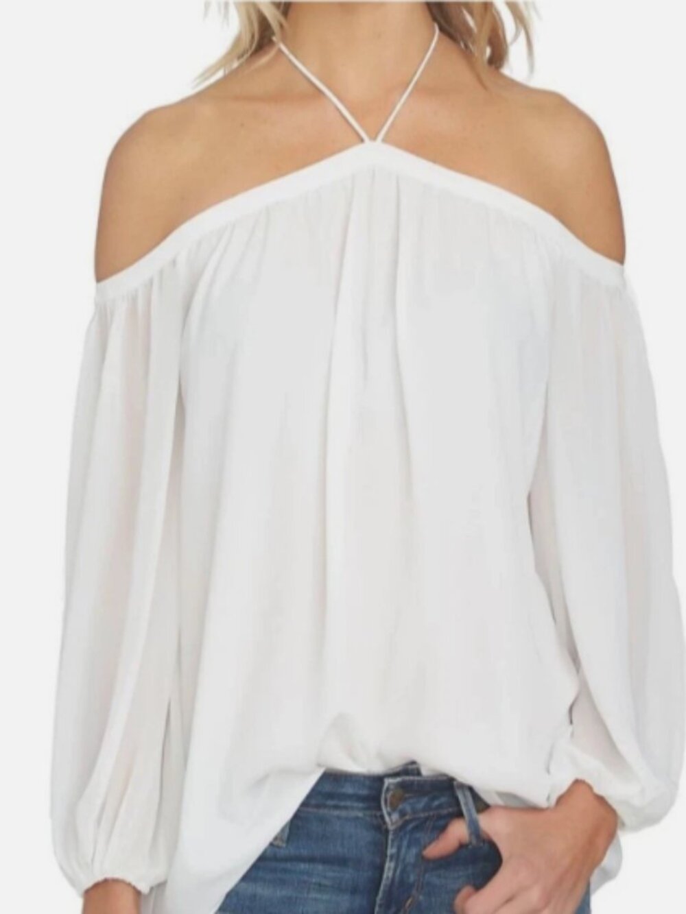 Blouse Off The Shoulder Halter M 1STATE White Chiffon Sheer Balloon Sleeve NWT